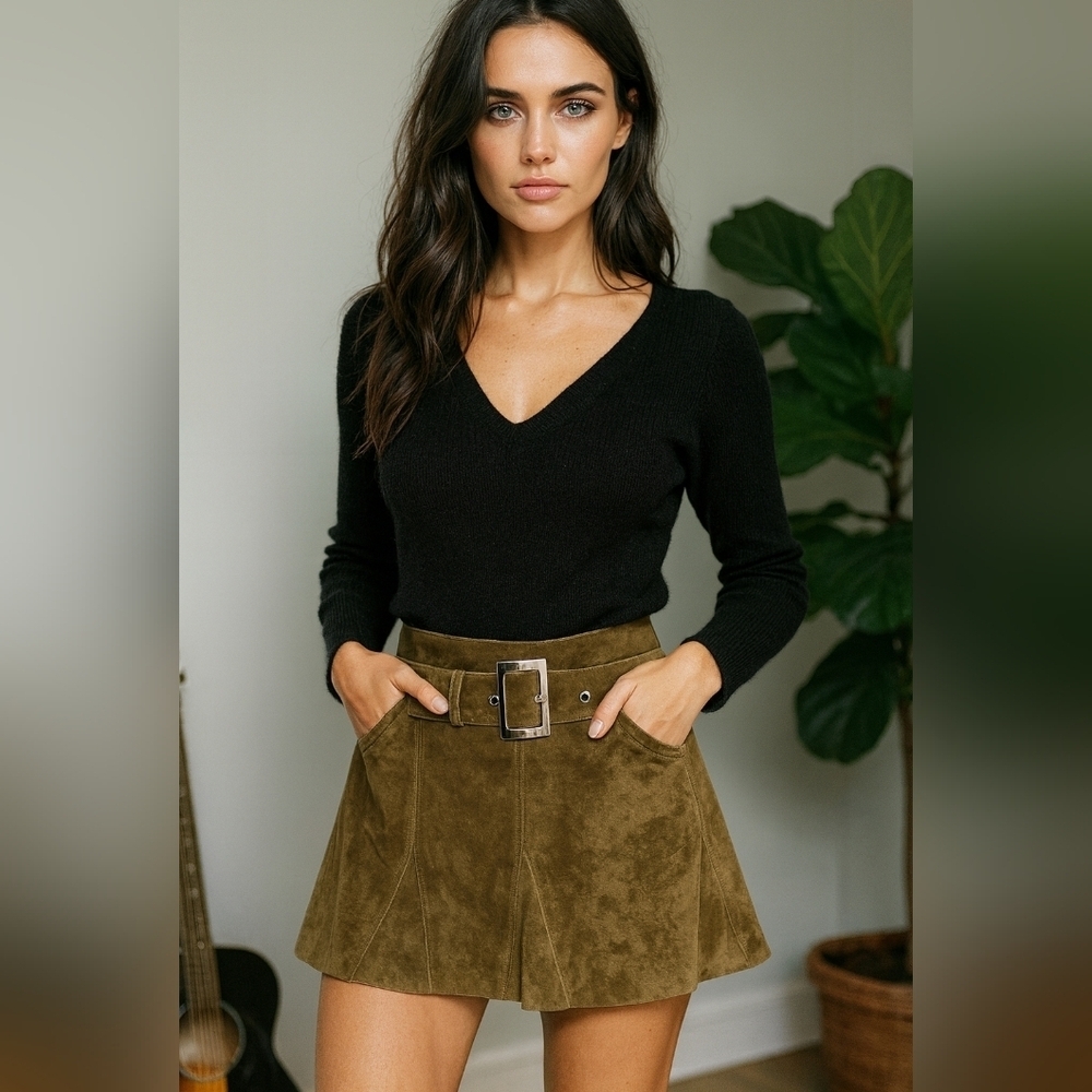 Y2K Vintage BEBE Genuine Suede Leather Mini Skirt – Olive Low-Rise Belted.Size 4